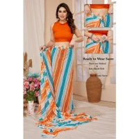 Generic Women's Small Lace Georgette Striped Ready-to-Wear Saree With Unstitched Blouse 5.5 Mtr (Multicolor) - Multicolor