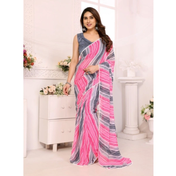 Generic Women's Small Lace Georgette Striped Ready-to-Wear Saree With Unstitched Blouse 5.5 Mtr (Grey) - Grey