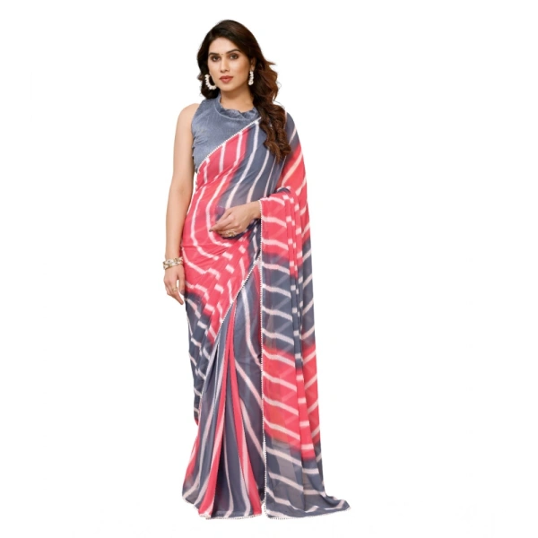 Generic Women's Small Lace Georgette Striped Ready-to-Wear Saree With Unstitched Blouse 5.5 Mtr (Pink) - Pink-Grey