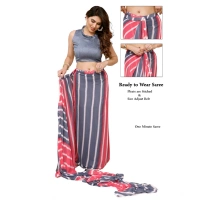 Generic Women's Small Lace Georgette Striped Ready-to-Wear Saree With Unstitched Blouse 5.5 Mtr (Pink) - Pink-Grey