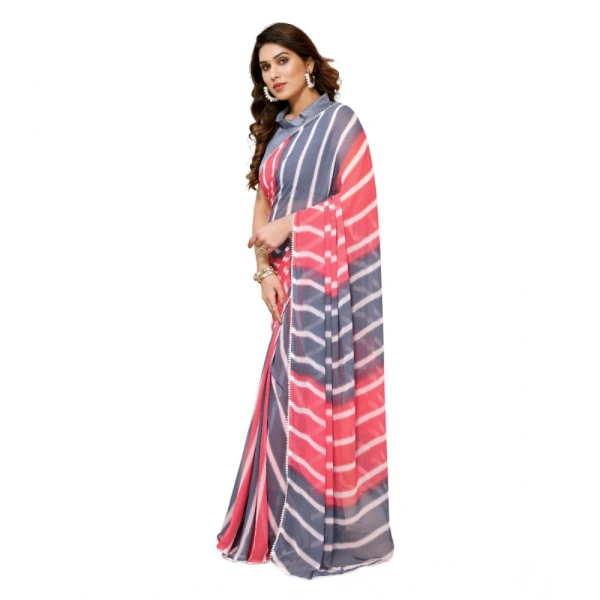 Generic Women's Small Lace Georgette Striped Ready-to-Wear Saree With Unstitched Blouse 5.5 Mtr (Pink) - Pink-Grey