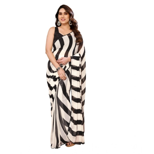 Generic Women's Small Lace Georgette Striped Ready-to-Wear Saree With Unstitched Blouse 5.5 Mtr (Black-White) - Black-White