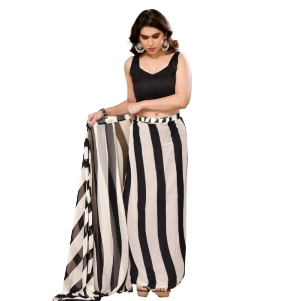 Generic Women's Small Lace Georgette Striped Ready-to-Wear Saree With Unstitched Blouse 5.5 Mtr (Black-White) - Black-White