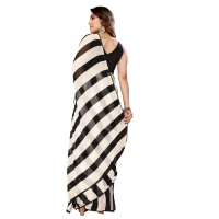 Generic Women's Small Lace Georgette Striped Ready-to-Wear Saree With Unstitched Blouse 5.5 Mtr (Black-White) - Black-White