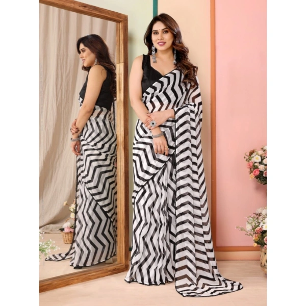 Generic Women's Small Lace Georgette Striped Ready-to-Wear Saree With Unstitched Blouse 5.5 Mtr (Black) - Black
