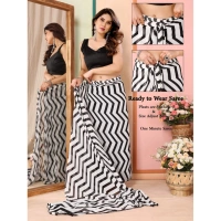 Generic Women's Small Lace Georgette Striped Ready-to-Wear Saree With Unstitched Blouse 5.5 Mtr (Black) - Black