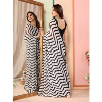 Generic Women's Small Lace Georgette Striped Ready-to-Wear Saree With Unstitched Blouse 5.5 Mtr (Black) - Black