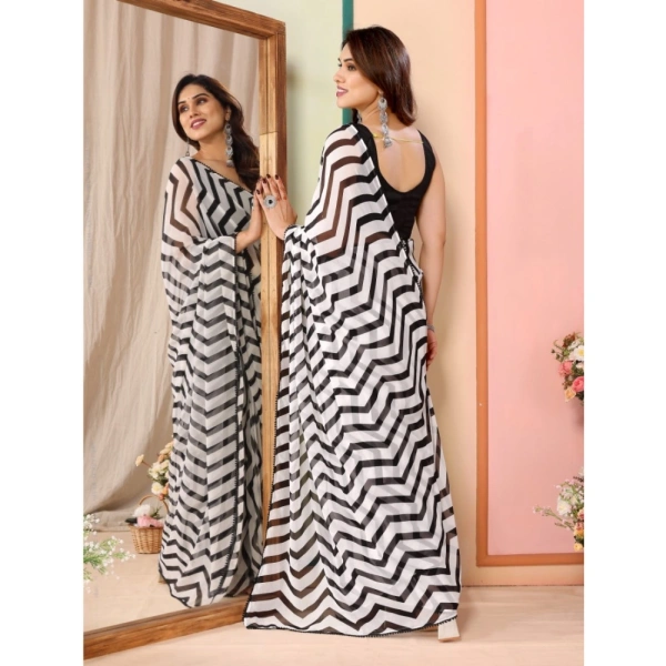 Generic Women's Small Lace Georgette Striped Ready-to-Wear Saree With Unstitched Blouse 5.5 Mtr (Black) - Black