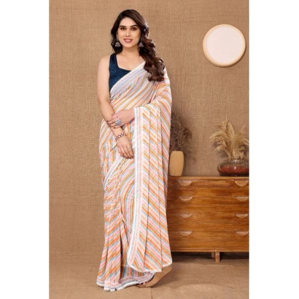 Generic Women's Small Lace Georgette Striped Ready-to-Wear Saree With Unstitched Blouse 5.5 Mtr (Orange) - Orange