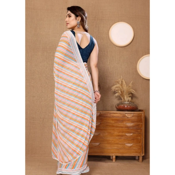 Generic Women's Small Lace Georgette Striped Ready-to-Wear Saree With Unstitched Blouse 5.5 Mtr (Orange) - Orange