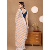 Generic Women's Small Lace Georgette Striped Ready-to-Wear Saree With Unstitched Blouse 5.5 Mtr (Orange) - Orange