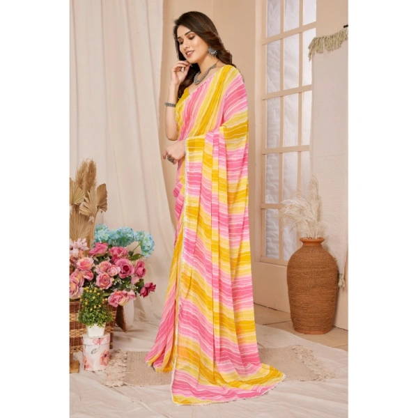 Generic Women's Small Lace Georgette Striped Ready-to-Wear Saree With Unstitched Blouse 5.5 Mtr (Yellow-Pink) - Yellow-Pink