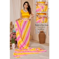 Generic Women's Small Lace Georgette Striped Ready-to-Wear Saree With Unstitched Blouse 5.5 Mtr (Yellow-Pink) - Yellow-Pink