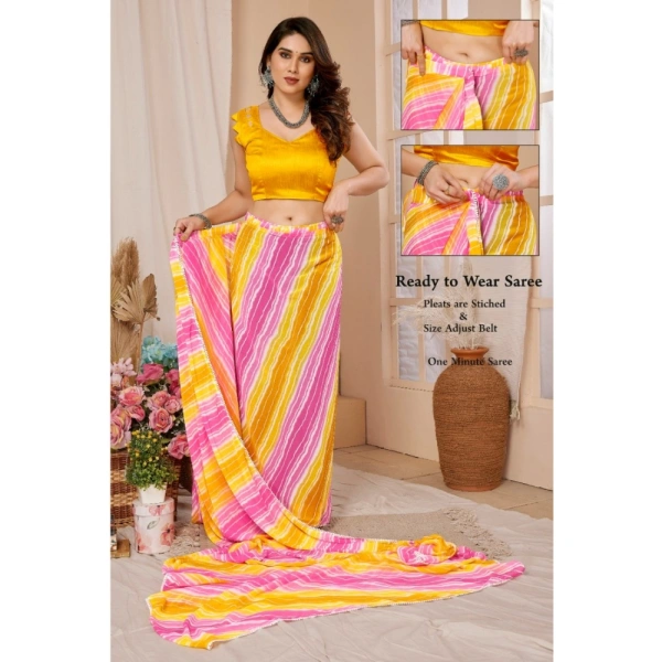Generic Women's Small Lace Georgette Striped Ready-to-Wear Saree With Unstitched Blouse 5.5 Mtr (Yellow-Pink) - Yellow-Pink