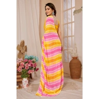 Generic Women's Small Lace Georgette Striped Ready-to-Wear Saree With Unstitched Blouse 5.5 Mtr (Yellow-Pink) - Yellow-Pink