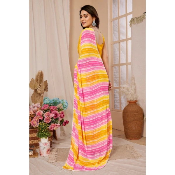 Generic Women's Small Lace Georgette Striped Ready-to-Wear Saree With Unstitched Blouse 5.5 Mtr (Yellow-Pink) - Yellow-Pink