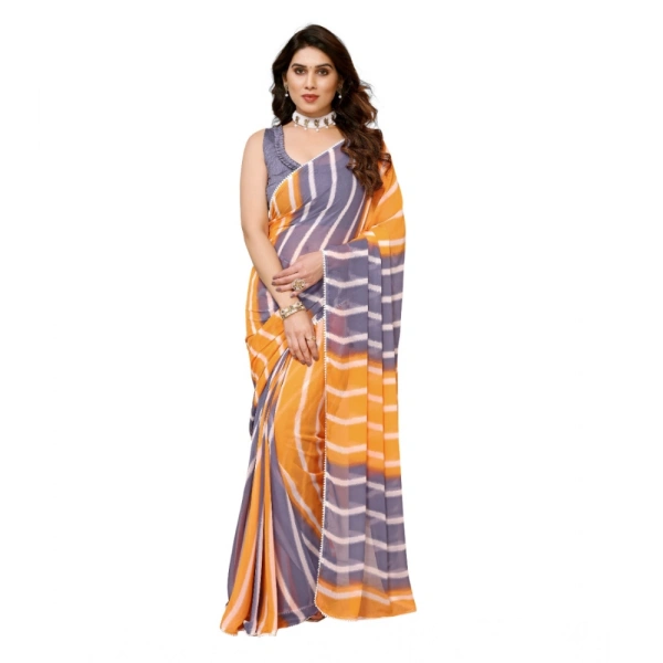 Generic Women's Small Lace Georgette Striped Ready-to-Wear Saree With Unstitched Blouse 5.5 Mtr (Orange-Grey) - Orange-Grey