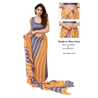 Generic Women's Small Lace Georgette Striped Ready-to-Wear Saree With Unstitched Blouse 5.5 Mtr (Orange-Grey) - Orange-Grey