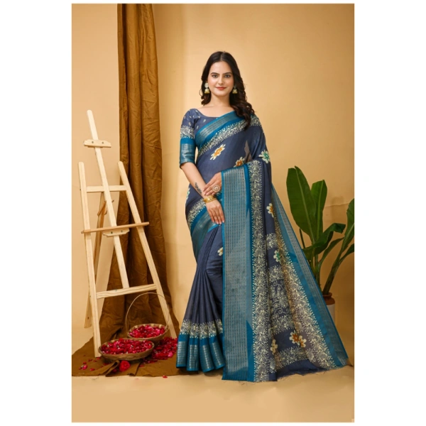 Generic Women's Soft Blooming Marshmallow Fabric Kalamkari Printed Saree With Unstitched Blouse 5.5Mtr (Grey) - Grey