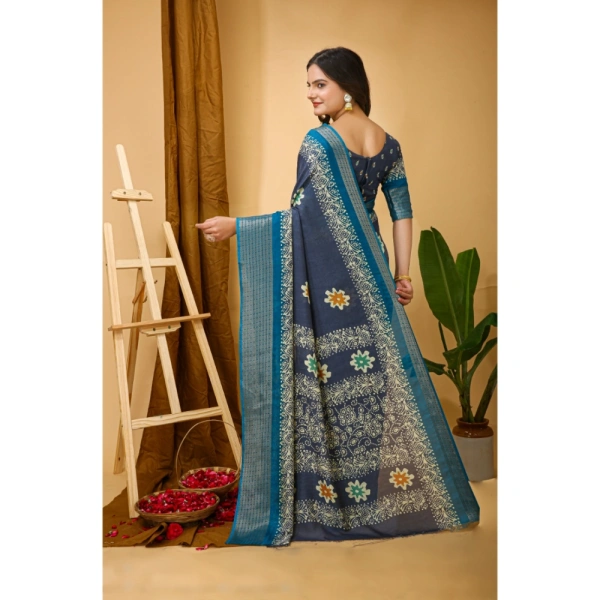 Generic Women's Soft Blooming Marshmallow Fabric Kalamkari Printed Saree With Unstitched Blouse 5.5Mtr (Grey) - Grey