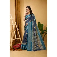 Generic Women's Soft Blooming Marshmallow Fabric Kalamkari Printed Saree With Unstitched Blouse 5.5Mtr (Grey) - Grey