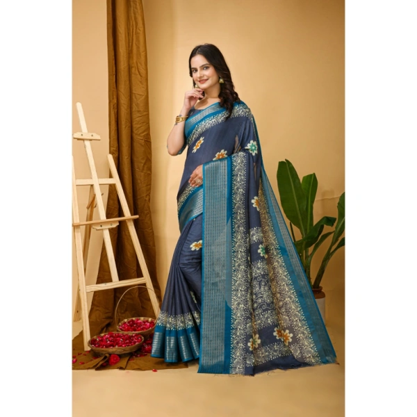 Generic Women's Soft Blooming Marshmallow Fabric Kalamkari Printed Saree With Unstitched Blouse 5.5Mtr (Grey) - Grey