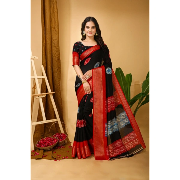 Generic Women's Soft Blooming Marshmallow Fabric Kalamkari Printed Saree With Unstitched Blouse 5.5Mtr (Black) - Black