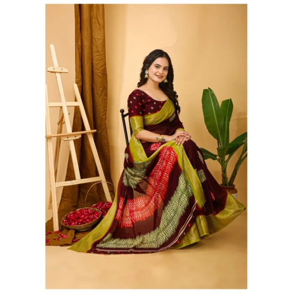 Generic Women's Soft Blooming Marshmallow Fabric Kalamkari Printed Saree With Unstitched Blouse 5.5Mtr (Maroon) - Maroon