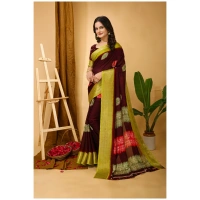 Generic Women's Soft Blooming Marshmallow Fabric Kalamkari Printed Saree With Unstitched Blouse 5.5Mtr (Maroon) - Maroon