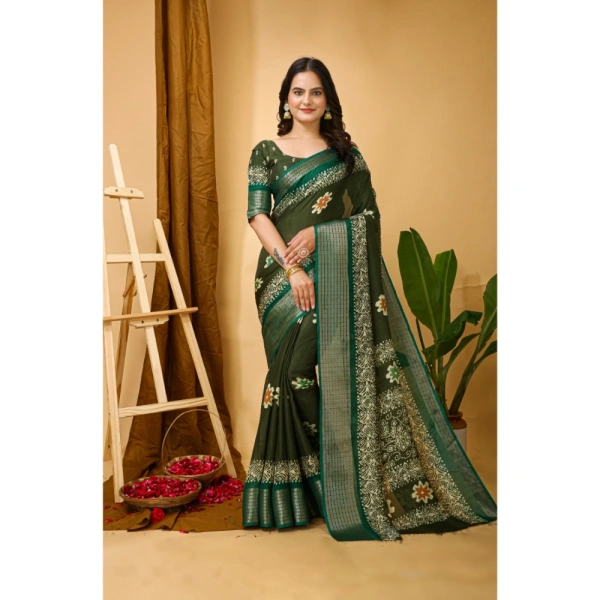 Generic Women's Soft Blooming Marshmallow Fabric Kalamkari Printed Saree With Unstitched Blouse 5.5Mtr (Green) - Green
