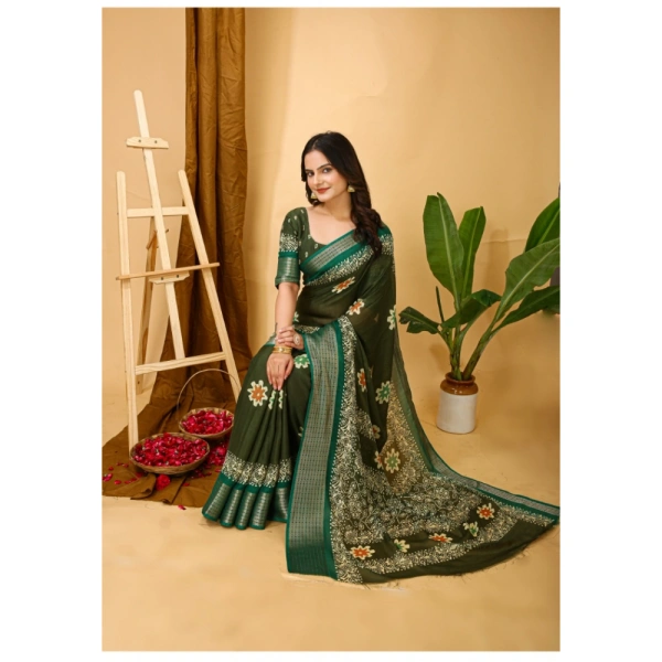 Generic Women's Soft Blooming Marshmallow Fabric Kalamkari Printed Saree With Unstitched Blouse 5.5Mtr (Green) - Green