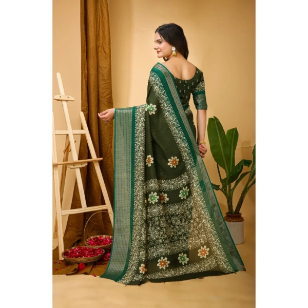 Generic Women's Soft Blooming Marshmallow Fabric Kalamkari Printed Saree With Unstitched Blouse 5.5Mtr (Green) - Green