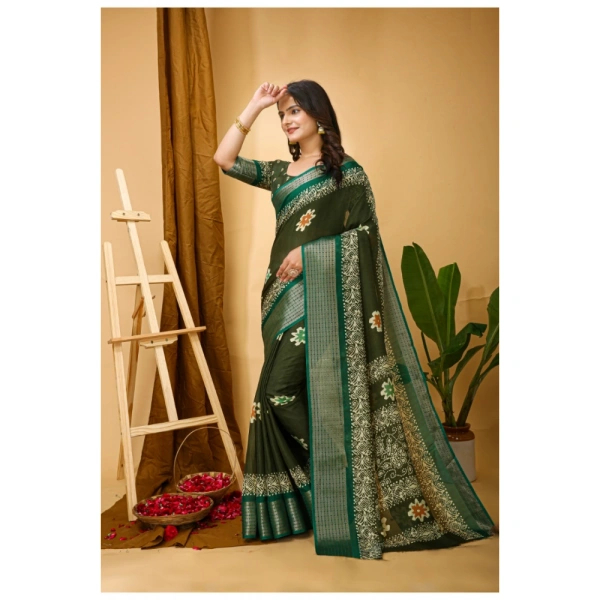 Generic Women's Soft Blooming Marshmallow Fabric Kalamkari Printed Saree With Unstitched Blouse 5.5Mtr (Green) - Green