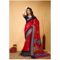 Generic Women's Soft Blooming Marshmallow Fabric Kalamkari Printed Saree With Unstitched Blouse 5.5Mtr (Red) - Red