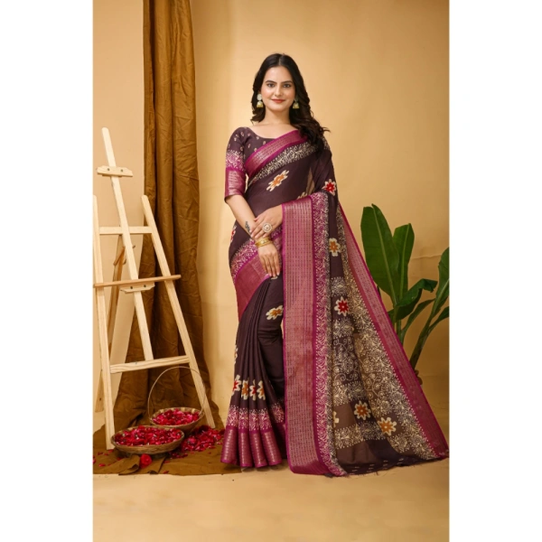Generic Women's Soft Blooming Marshmallow Fabric Kalamkari Printed Saree With Unstitched Blouse 5.5Mtr (Maroon) - Maroon
