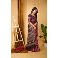 Generic Women's Soft Blooming Marshmallow Fabric Kalamkari Printed Saree With Unstitched Blouse 5.5Mtr (Maroon) - Maroon