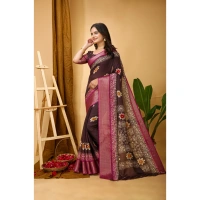 Generic Women's Soft Blooming Marshmallow Fabric Kalamkari Printed Saree With Unstitched Blouse 5.5Mtr (Maroon) - Maroon