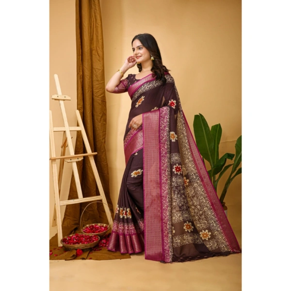 Generic Women's Soft Blooming Marshmallow Fabric Kalamkari Printed Saree With Unstitched Blouse 5.5Mtr (Maroon) - Maroon