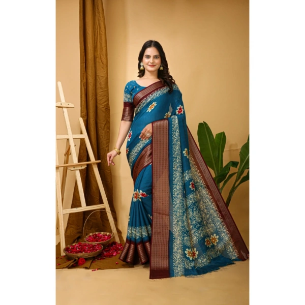 Generic Women's Soft Blooming Marshmallow Fabric Kalamkari Printed Saree With Unstitched Blouse 5.5Mtr (Blue) - Blue