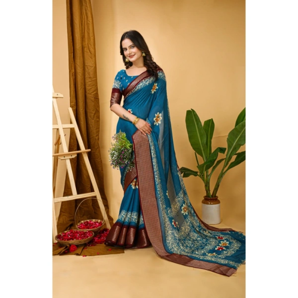 Generic Women's Soft Blooming Marshmallow Fabric Kalamkari Printed Saree With Unstitched Blouse 5.5Mtr (Blue) - Blue