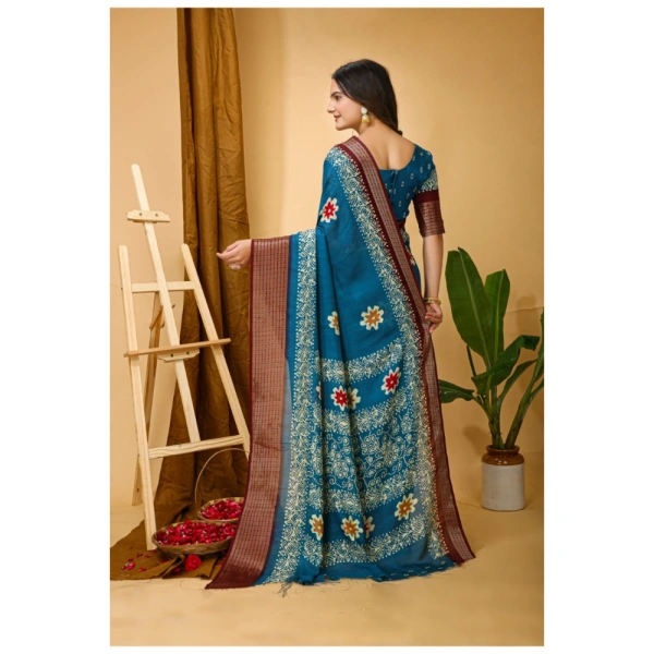 Generic Women's Soft Blooming Marshmallow Fabric Kalamkari Printed Saree With Unstitched Blouse 5.5Mtr (Blue) - Blue