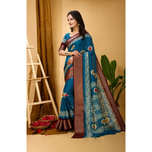 Generic Women's Soft Blooming Marshmallow Fabric Kalamkari Printed Saree With Unstitched Blouse 5.5Mtr (Blue) - Blue