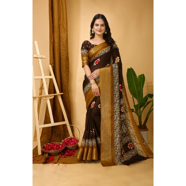 Generic Women's Soft Blooming Marshmallow Fabric Kalamkari Printed Saree With Unstitched Blouse 5.5Mtr (Brown) - Brown