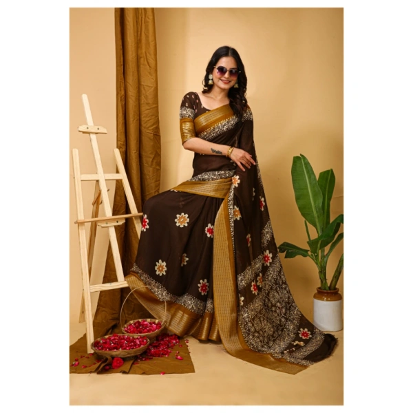 Generic Women's Soft Blooming Marshmallow Fabric Kalamkari Printed Saree With Unstitched Blouse 5.5Mtr (Brown) - Brown