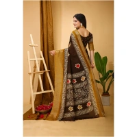 Generic Women's Soft Blooming Marshmallow Fabric Kalamkari Printed Saree With Unstitched Blouse 5.5Mtr (Brown) - Brown