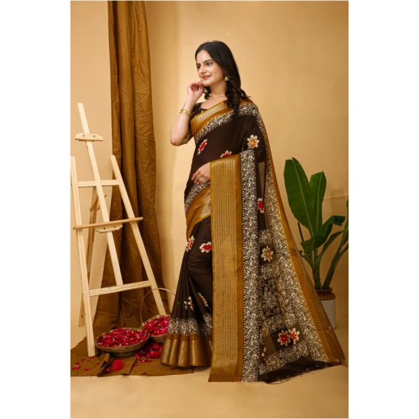 Generic Women's Soft Blooming Marshmallow Fabric Kalamkari Printed Saree With Unstitched Blouse 5.5Mtr (Brown) - Brown