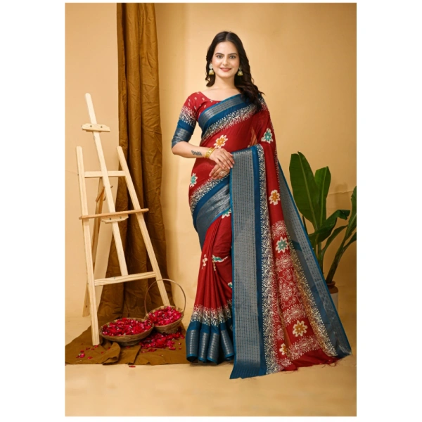 Generic Women's Soft Blooming Marshmallow Fabric Kalamkari Printed Saree With Unstitched Blouse 5.5Mtr (Red) - Red