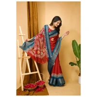 Generic Women's Soft Blooming Marshmallow Fabric Kalamkari Printed Saree With Unstitched Blouse 5.5Mtr (Red) - Red