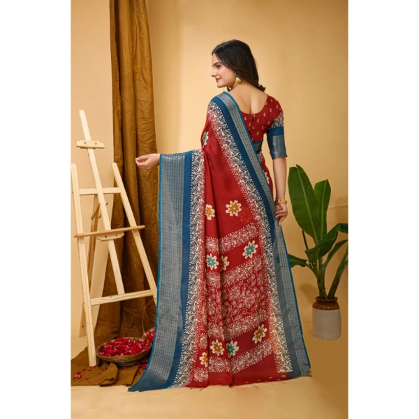 Generic Women's Soft Blooming Marshmallow Fabric Kalamkari Printed Saree With Unstitched Blouse 5.5Mtr (Red) - Red