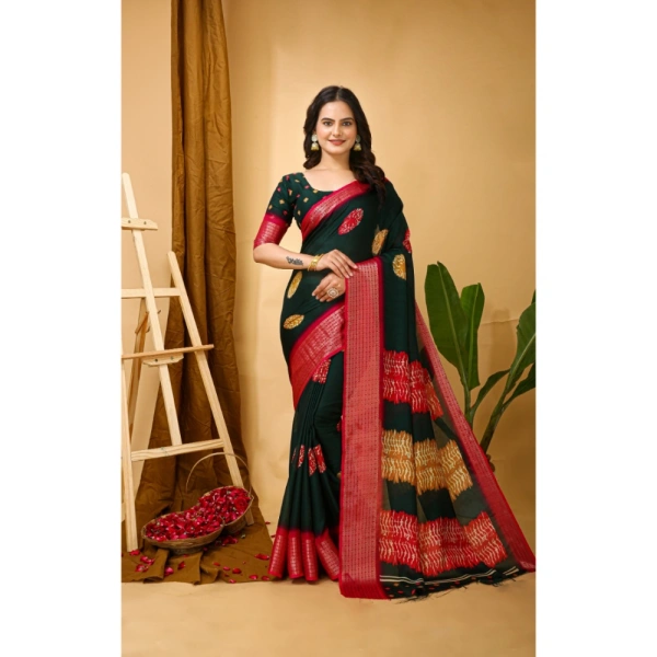 Generic Women's Soft Blooming Marshmallow Fabric Kalamkari Printed Saree With Unstitched Blouse 5.5Mtr (Green) - Green